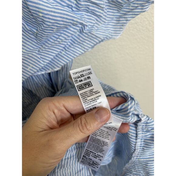 Topshop Blue & White Pinstripe Frill Bardot Ruffled Mini Dress size 4 boho date - Picture 7 of 9